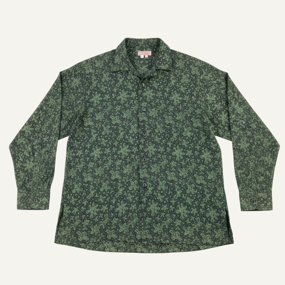 Vintage Rayon Loop Collar Shirt Mens Medium Green Long Sleeve Clacton & Frinton